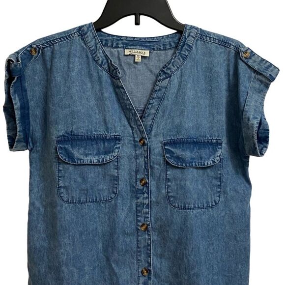 Mileage Women's Button Down Short Sleeve Shirt Size M Front Pockets Split Neck - Picture 2 of 12